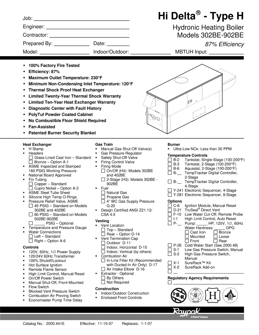 Raypak 302BE-902BE warranty Heat Exchanger, Gas Train, Venting, Construction, Burner, Temperature Controls, Options 