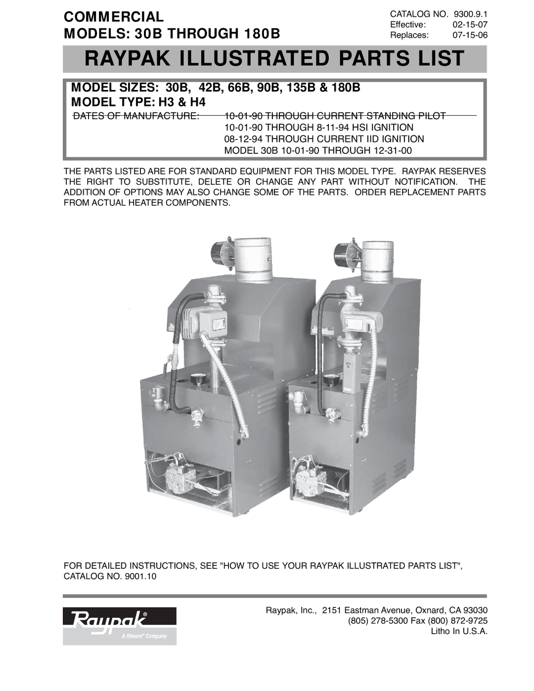 Raypak 180B, 30B manual Raypak Illustrated Parts List 