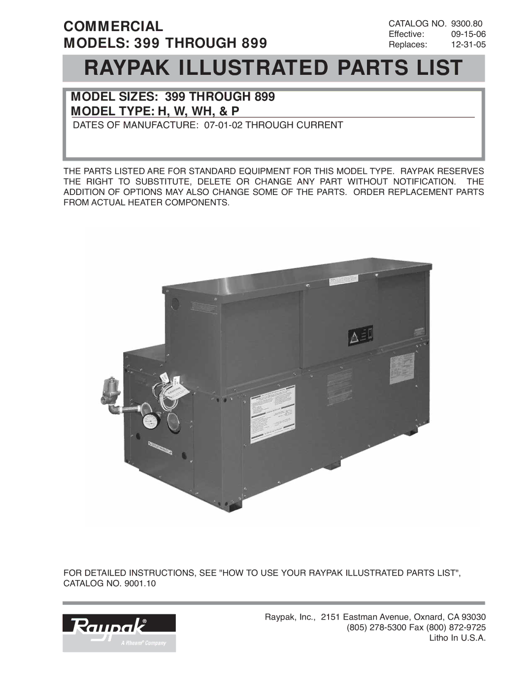 Raypak 899, 399 manual Raypak Illustrated Parts List 