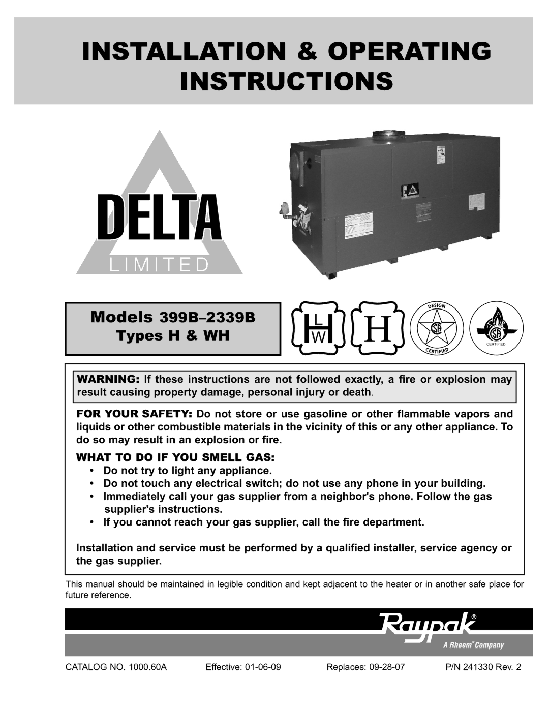 Raypak 399B-2339B operating instructions Installation & Operating Instructions 