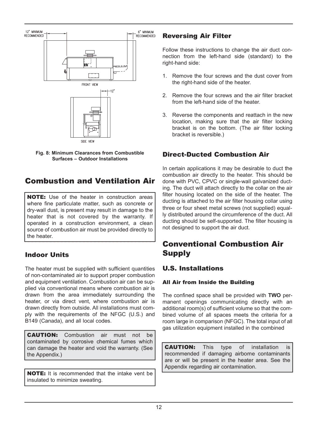 Raypak 399B-2339B operating instructions Combustion and Ventilation Air, Conventional Combustion Air Supply 