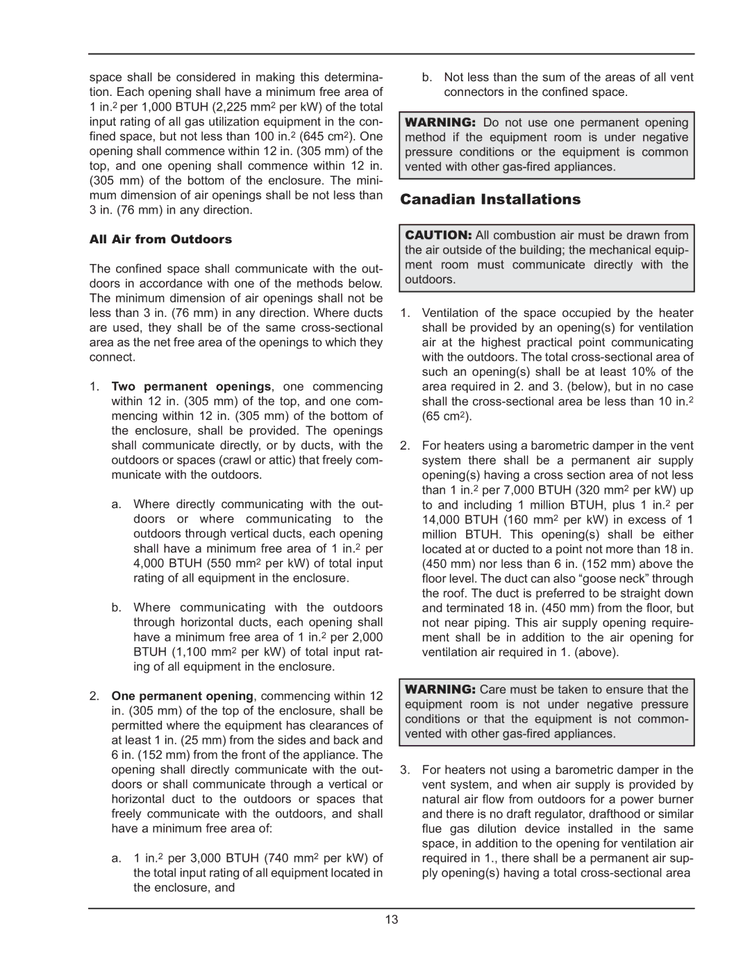 Raypak 399B-2339B operating instructions Canadian Installations, All Air from Outdoors 