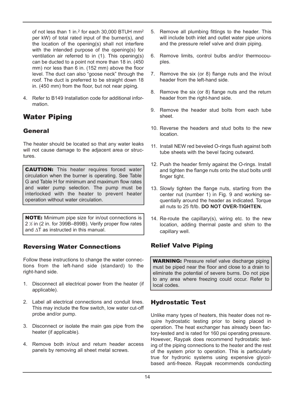 Raypak 399B-2339B Water Piping, General, Reversing Water Connections Relief Valve Piping, Hydrostatic Test 