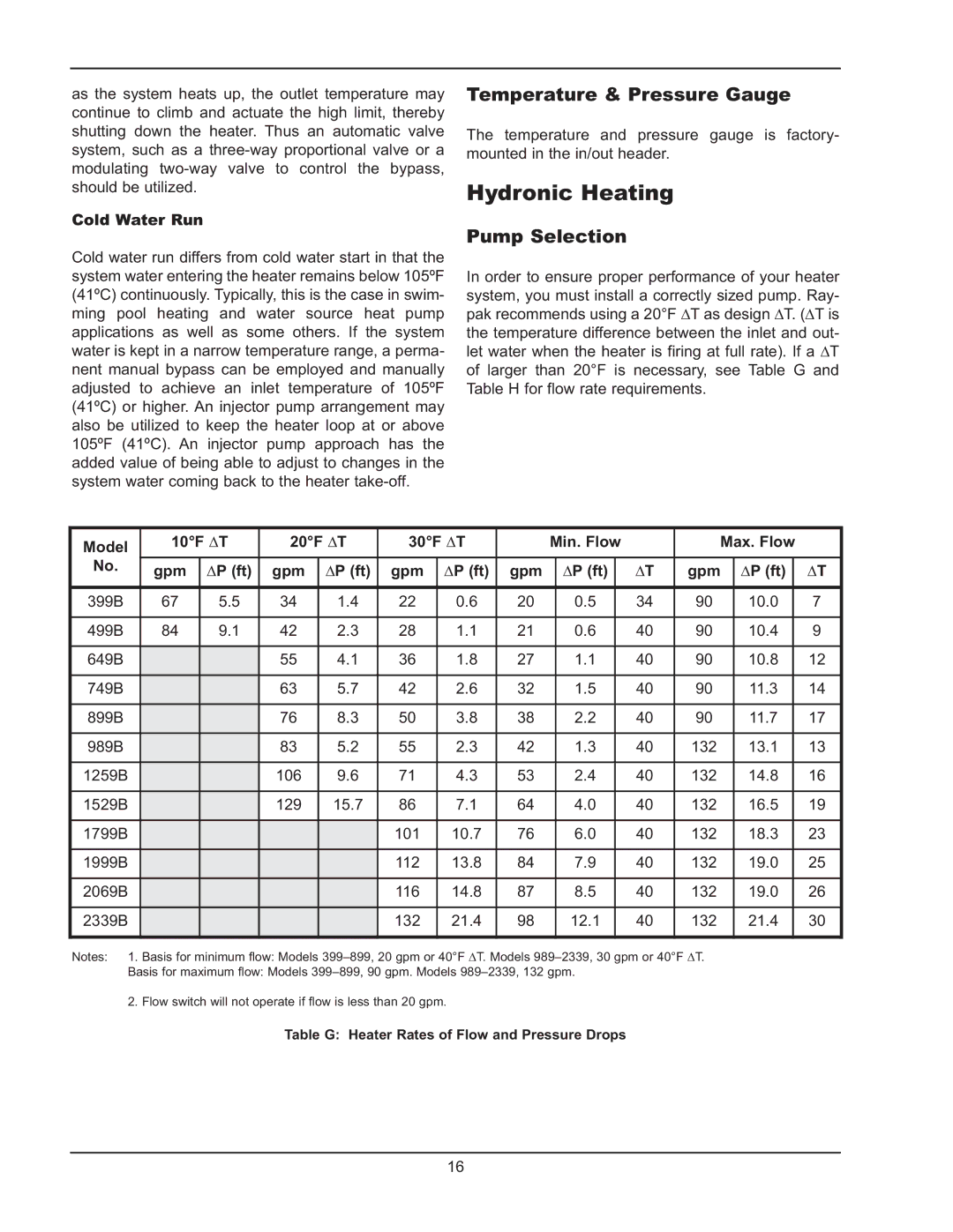 Raypak 399B-2339B operating instructions Hydronic Heating, Temperature & Pressure Gauge, Pump Selection, Cold Water Run 