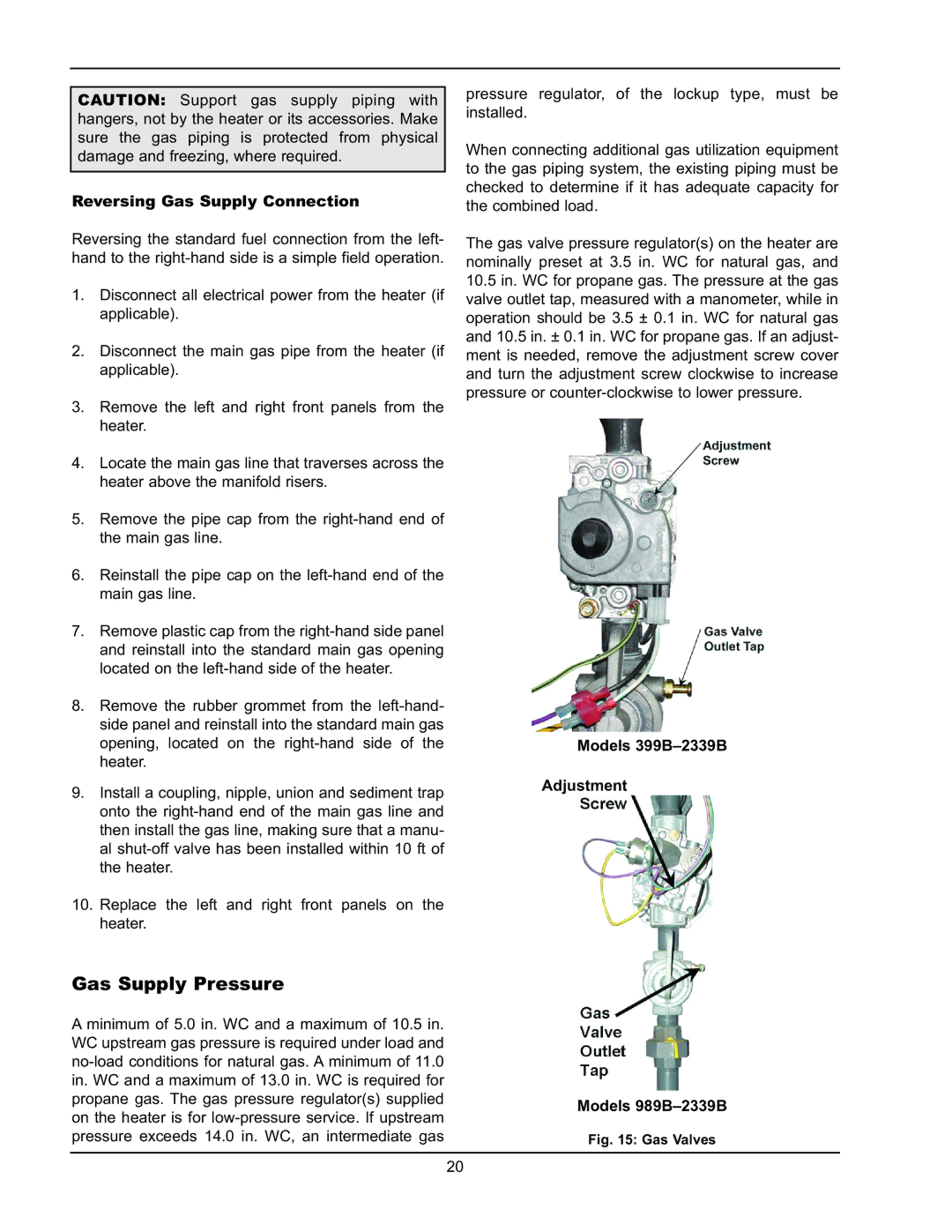 Raypak Gas Supply Pressure, Reversing Gas Supply Connection, Models 399B-2339B Adjustment Models 989B-2339B 