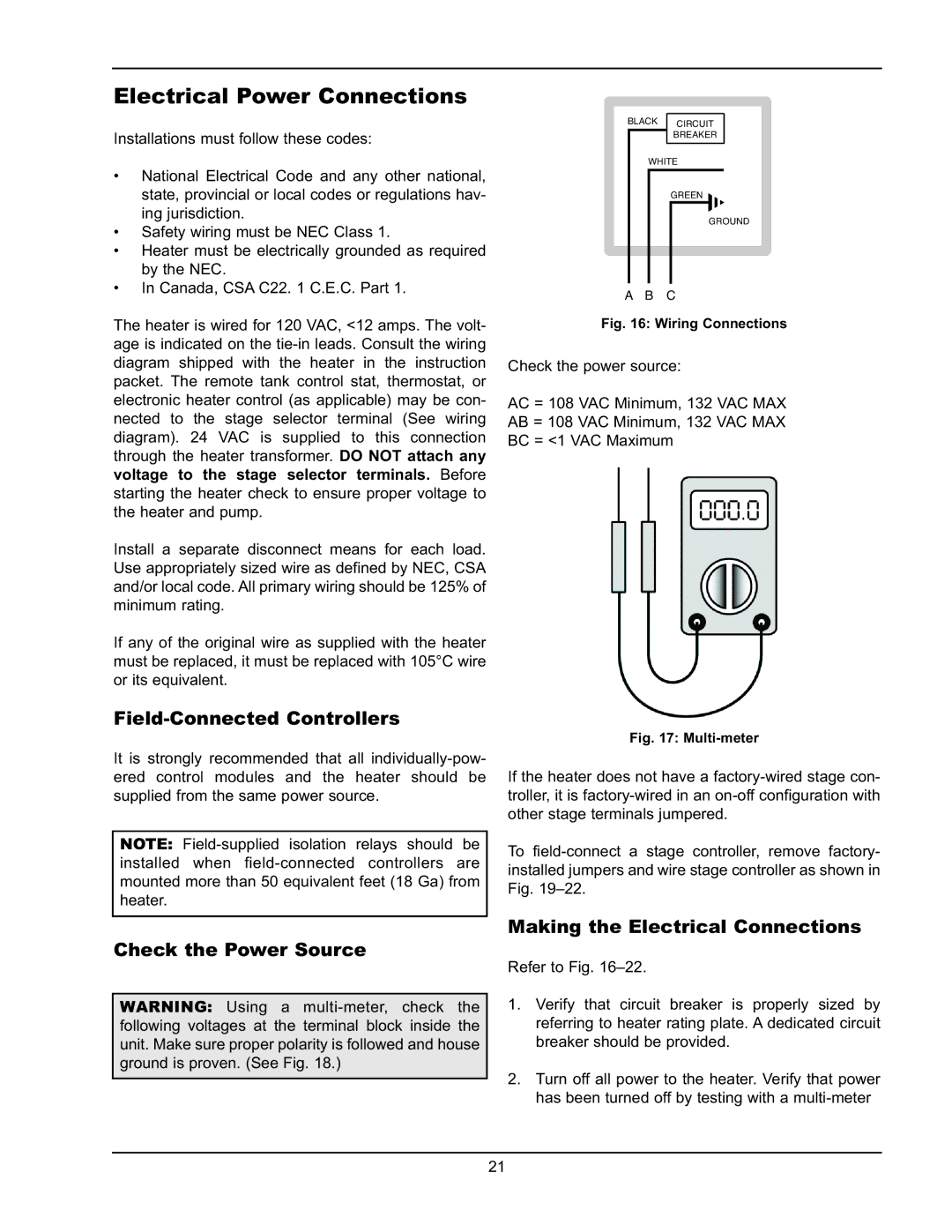 Raypak 399B-2339B operating instructions Electrical Power Connections, Field-Connected Controllers, Check the Power Source 