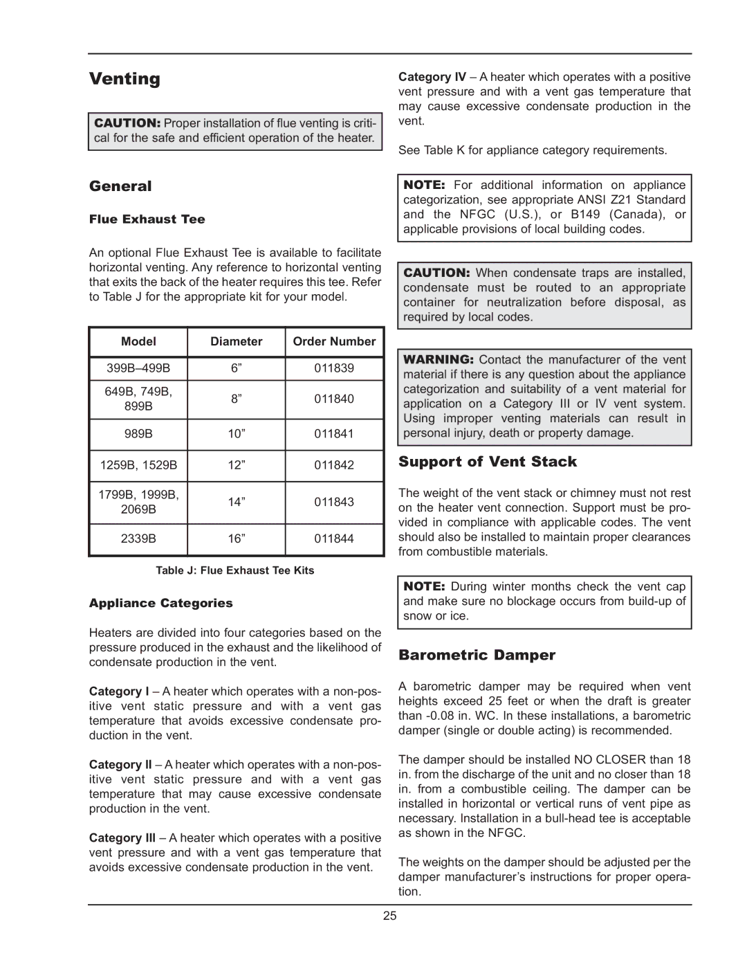 Raypak 399B-2339B operating instructions Venting, Support of Vent Stack, Barometric Damper 