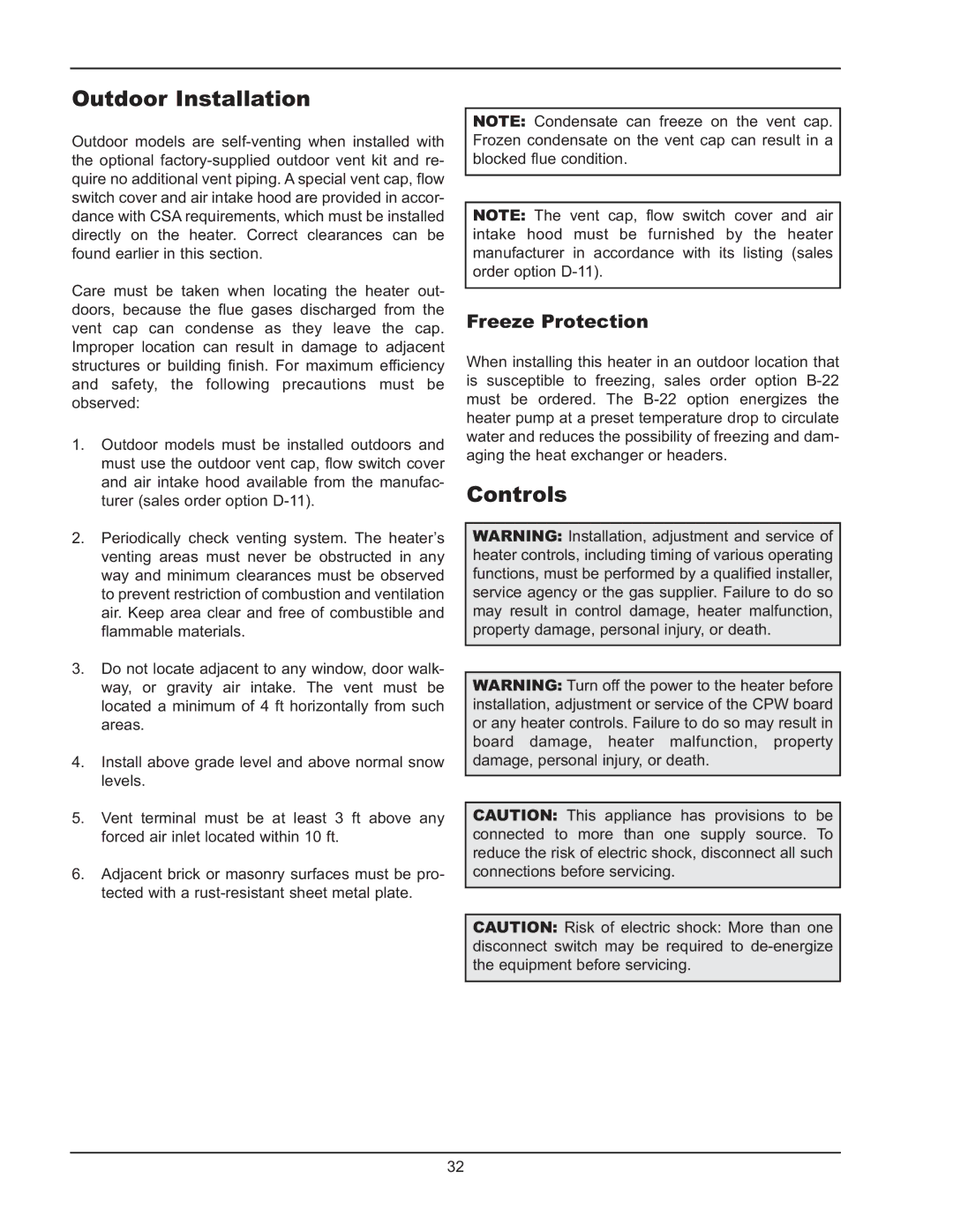 Raypak 399B-2339B operating instructions Outdoor Installation, Controls, Freeze Protection 