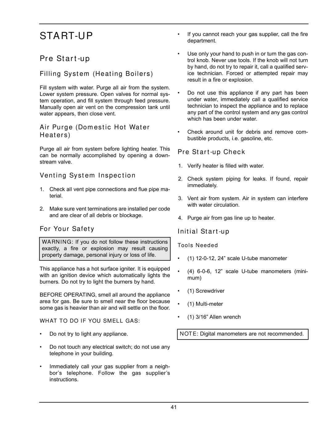 Raypak 399B-2339B operating instructions Start-Up, Pre Start-up 