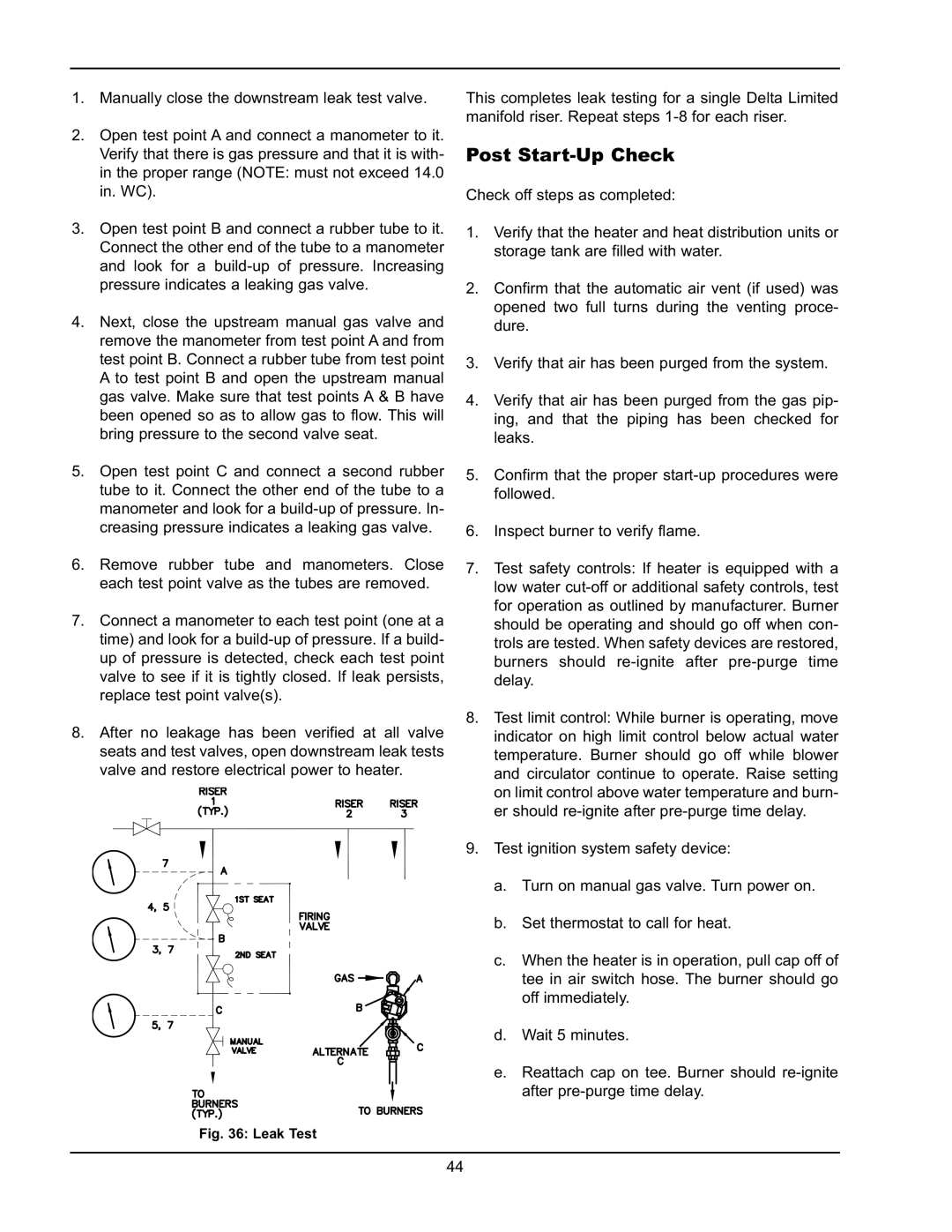 Raypak 399B-2339B operating instructions Post Start-Up Check, Leak Test 