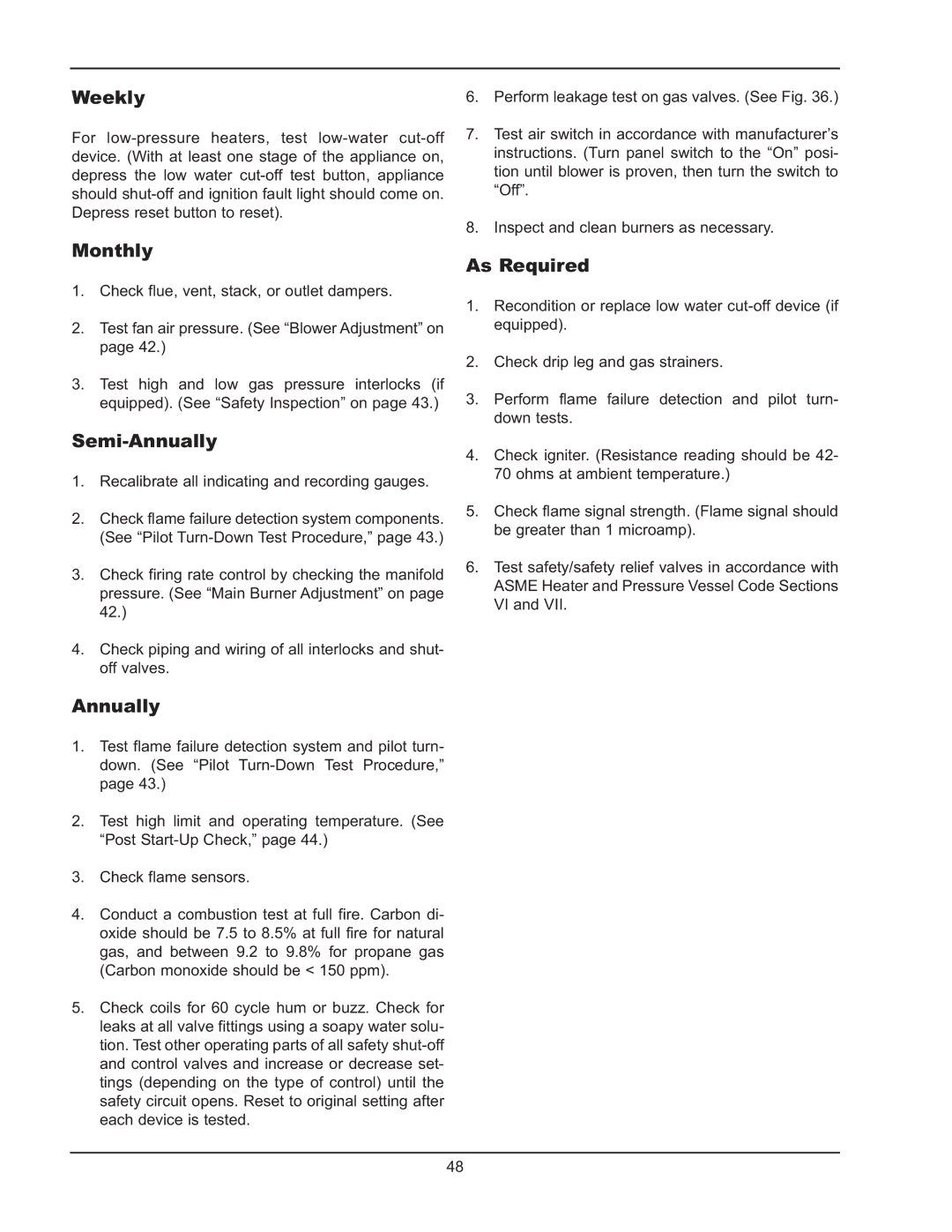 Raypak 399B-2339B operating instructions Weekly, Semi-Annually, As Required 