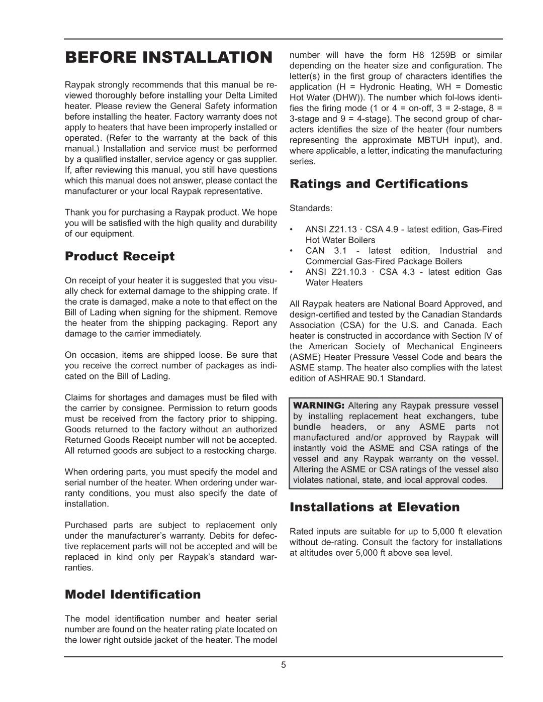 Raypak 399B-2339B Before Installation, Product Receipt, Model Identification, Ratings and Certifications 