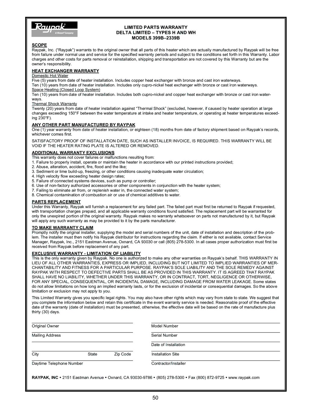 Raypak 399B-2339B operating instructions Limited Parts Warranty Delta Limited Types H and WH 