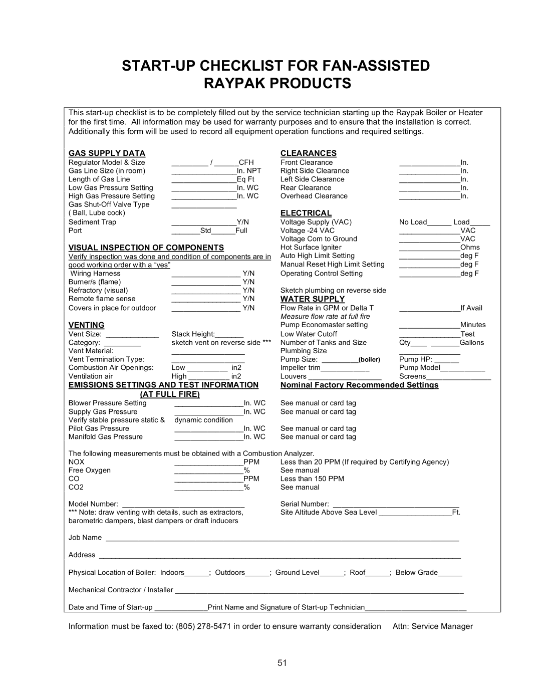 Raypak 399B-2339B operating instructions START-UP Checklist for FAN-ASSISTED Raypak Products 