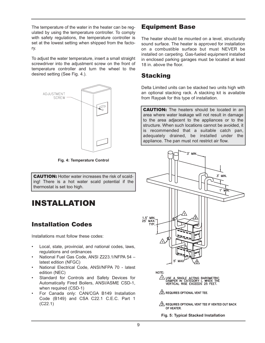 Raypak 399B-2339B operating instructions Equipment Base, Stacking, Installation Codes 