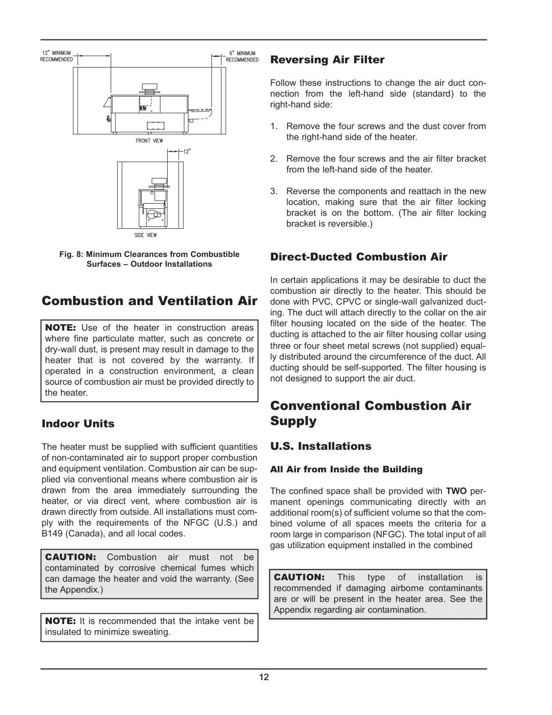 Raypak 399B-2339B Combustion and Ventilation Air, Conventional Combustion Air Supply, Indoor Units, Reversing Air Filter 