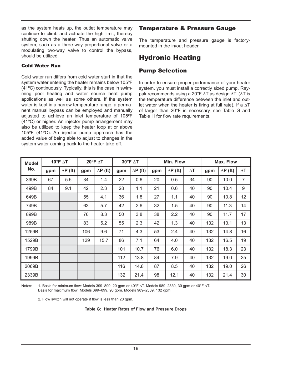 Raypak 399B-2339B operating instructions Hydronic Heating, Temperature & Pressure Gauge, Pump Selection 
