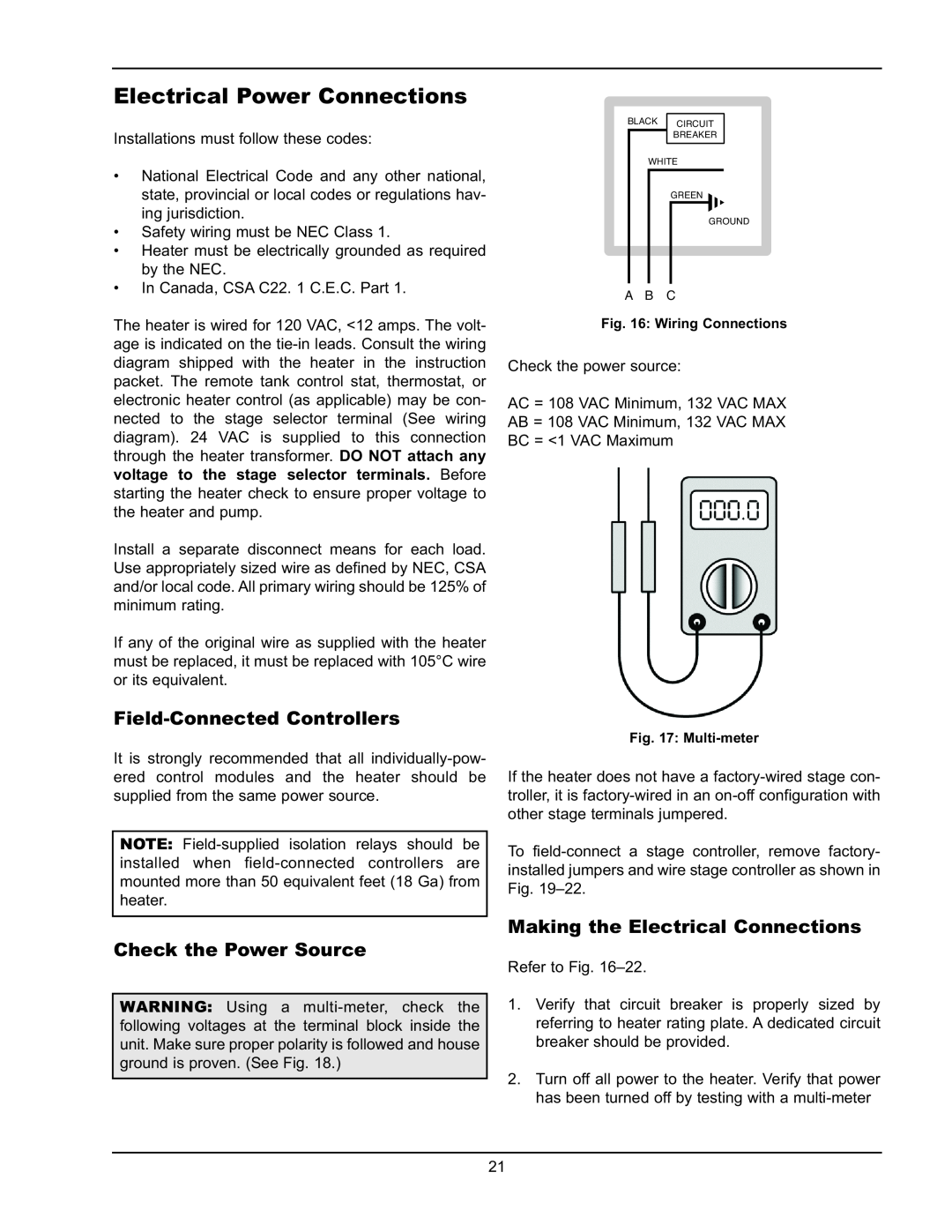 Raypak 399B-2339B operating instructions Electrical Power Connections, Field-ConnectedControllers, Check the Power Source 