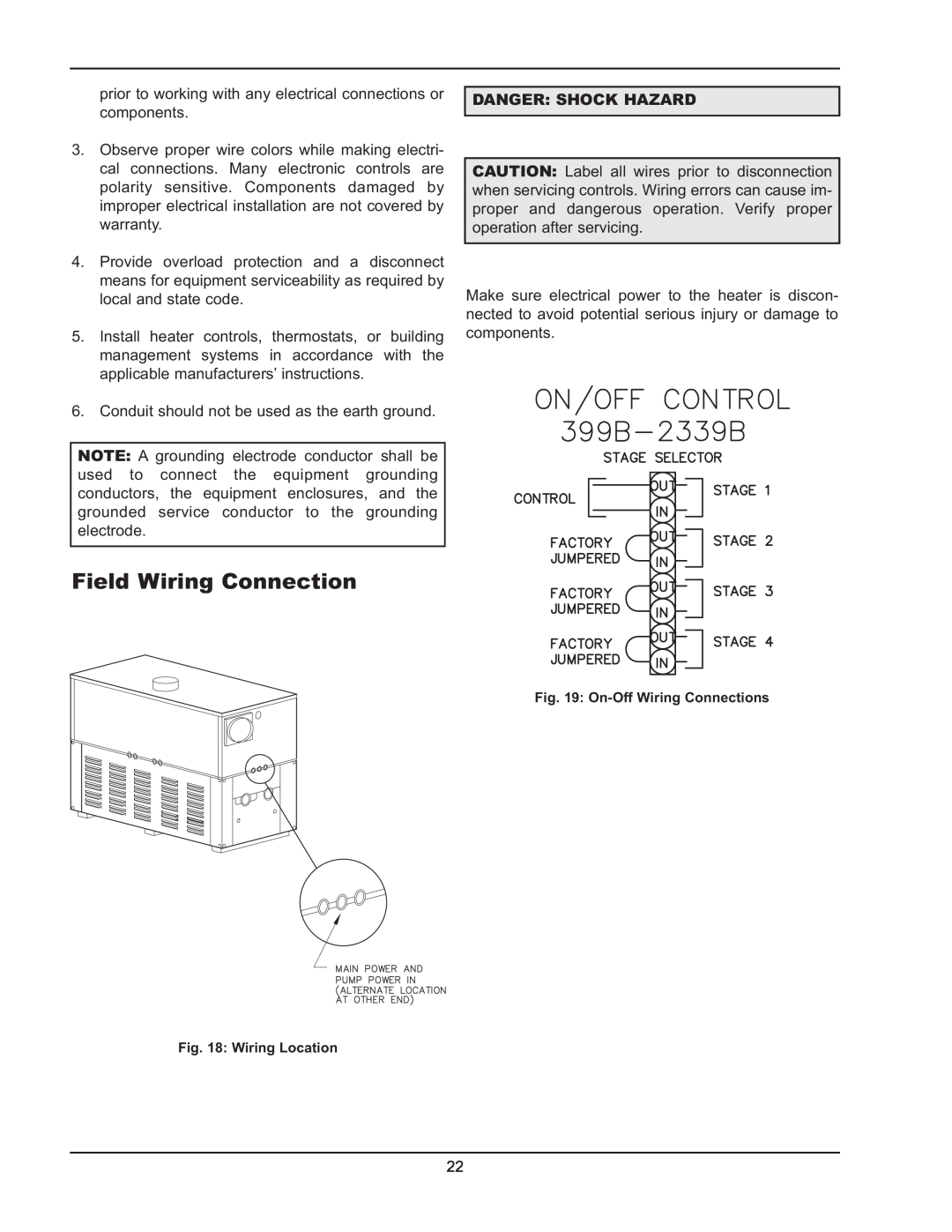Raypak 399B-2339B operating instructions Field Wiring Connection, Danger Shock Hazard 