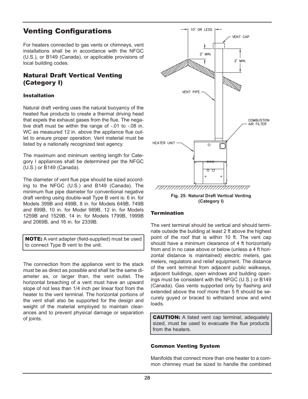Raypak 399B-2339B operating instructions Venting Configurations, Natural Draft Vertical Venting Category 