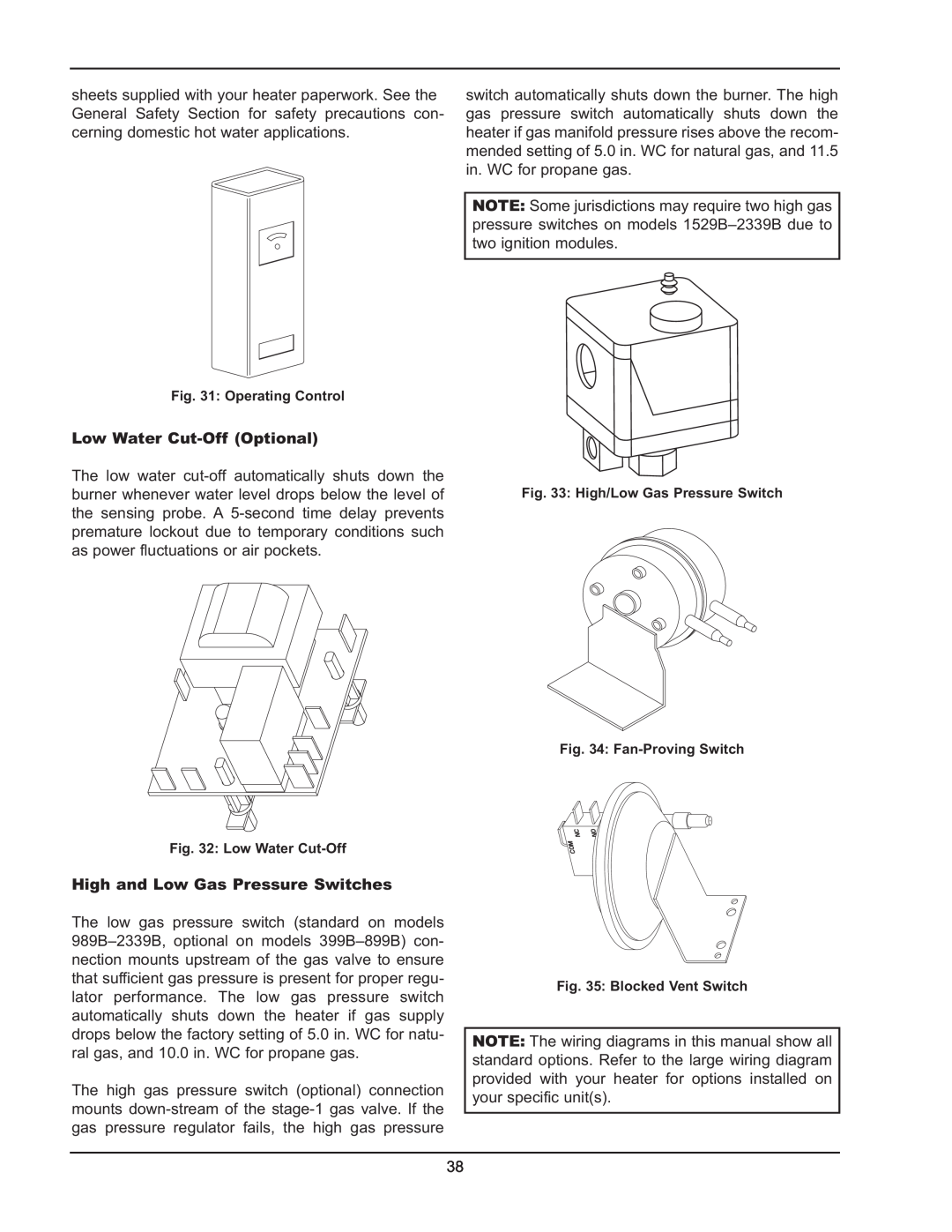 Raypak 399B-2339B operating instructions Low Water Cut-OffOptional, High and Low Gas Pressure Switches 