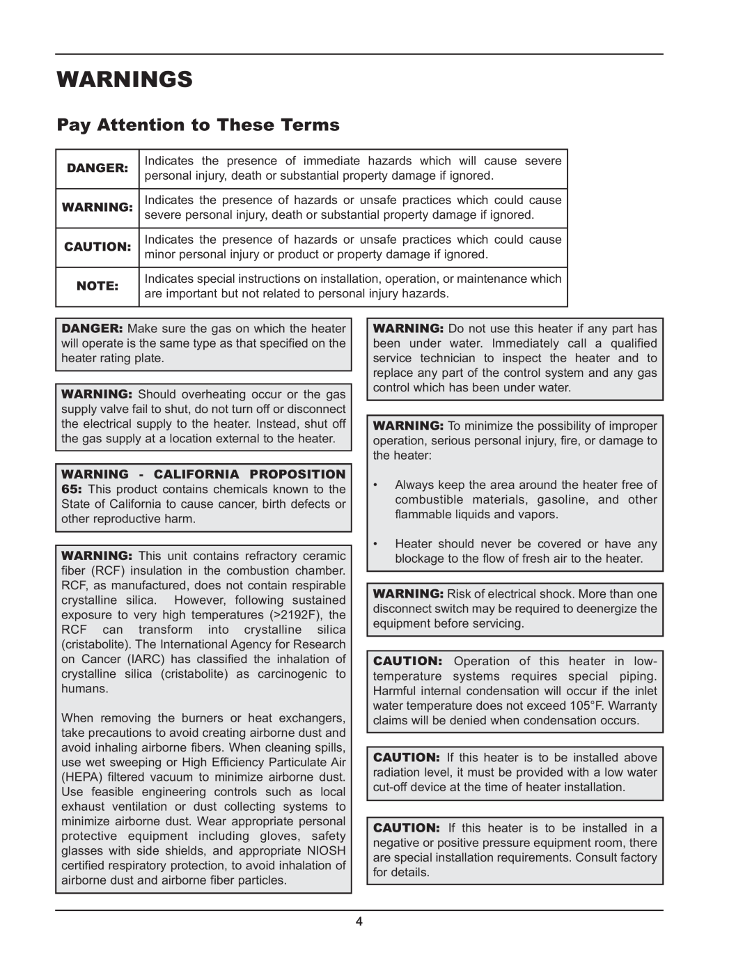 Raypak 399B-2339B operating instructions Warnings, Pay Attention to These Terms 