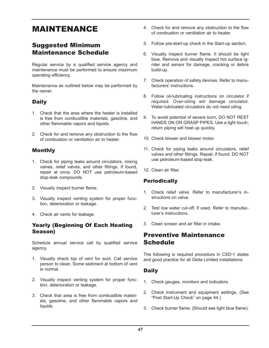 Raypak 399B-2339B operating instructions Suggested Minimum Maintenance Schedule, Preventive Maintenance Schedule 