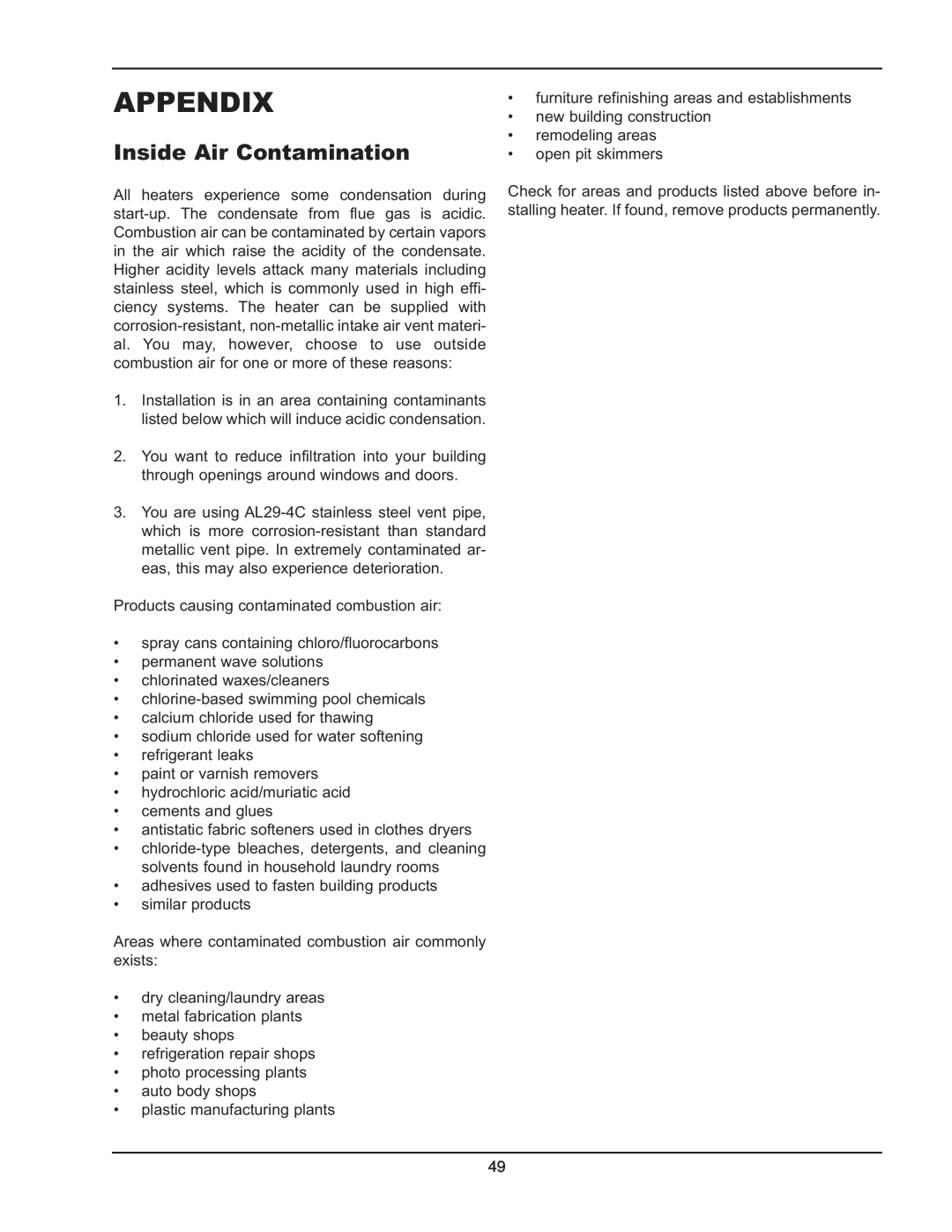 Raypak 399B-2339B operating instructions Appendix, Inside Air Contamination 