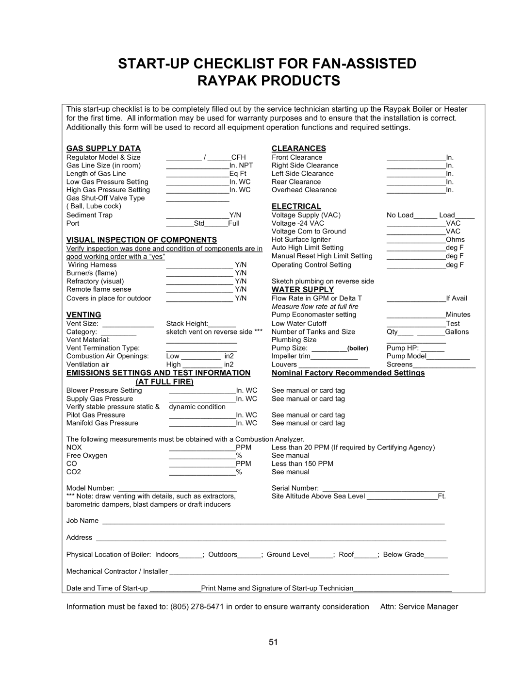 Raypak 399B-2339B Start-Upchecklist For Fan-Assisted, Raypak Products, Gas Supply Data, Clearances, Electrical, Venting 