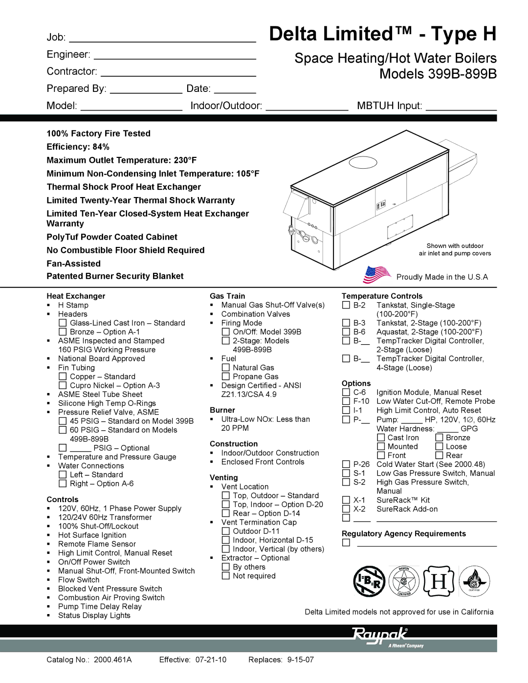 Raypak 399B warranty Heat Exchanger, Gas Train, Burner, Construction, Venting, Temperature Controls, Options 