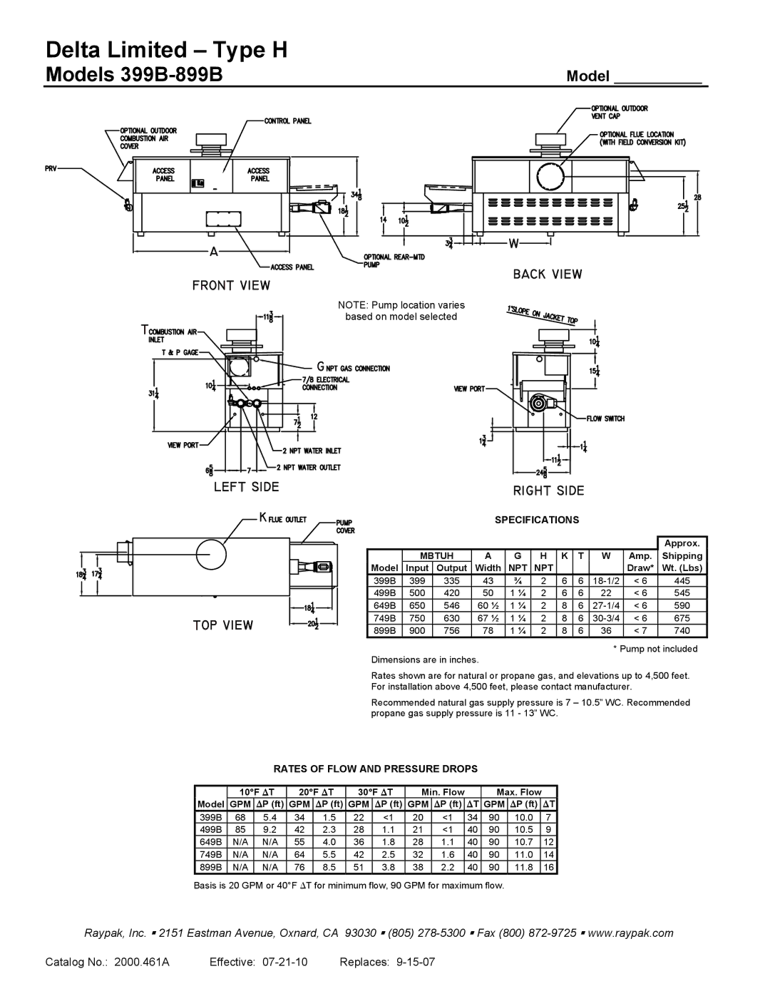 Raypak 399B warranty Specifications, Rates of Flow and Pressure Drops 