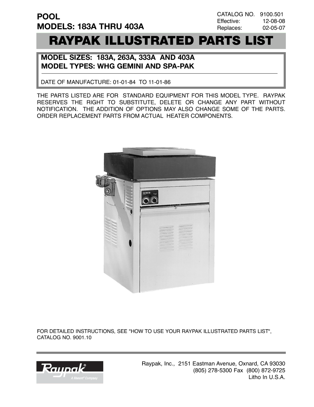 Raypak 333A, 403A, 183A, 263A manual Raypak Illustrated Parts List 