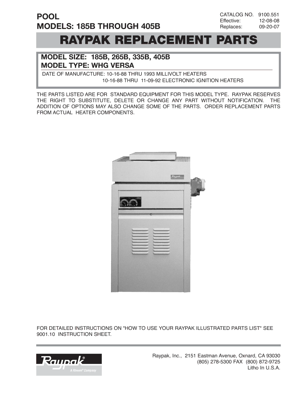 Raypak 185B, 405B instruction sheet Raypak Replacement Parts 