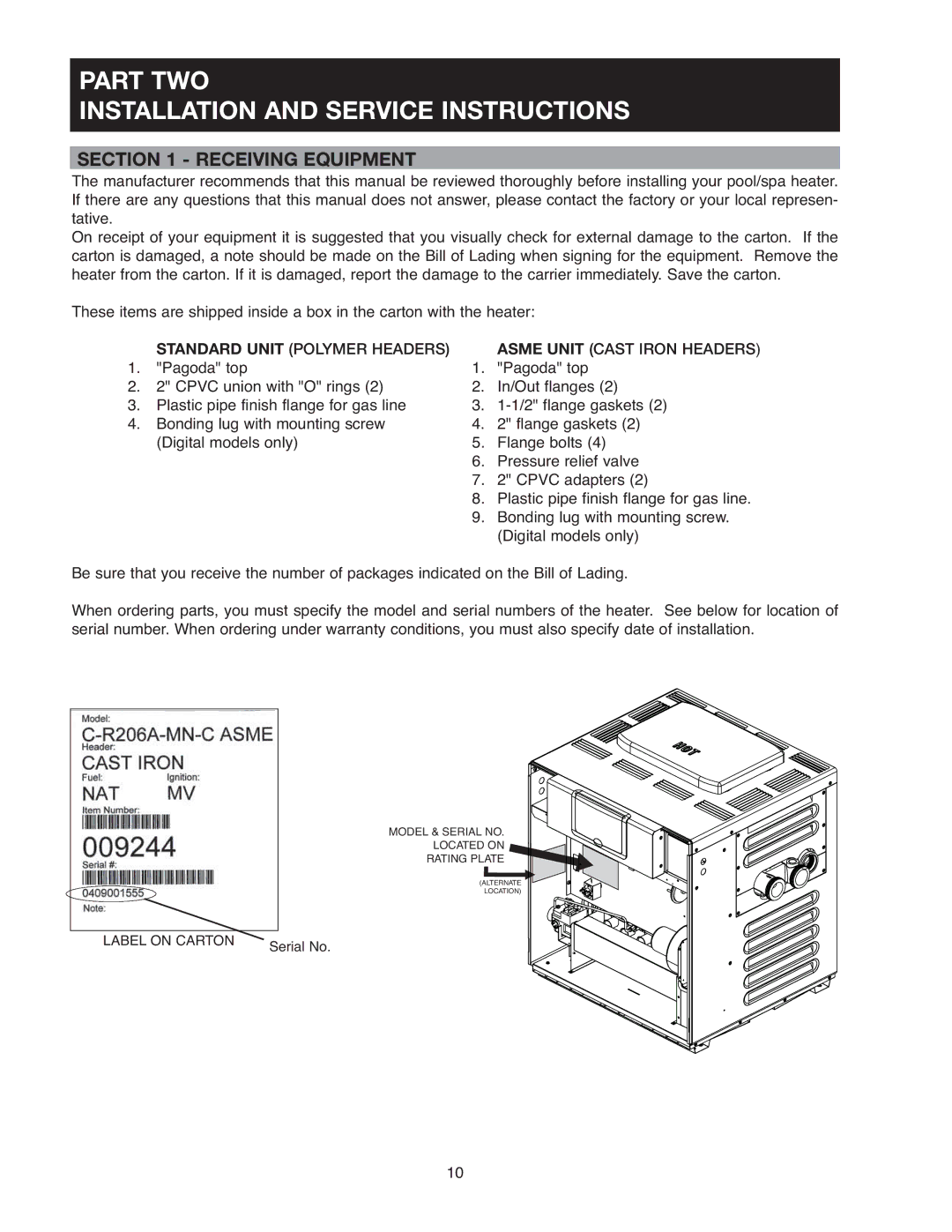 Raypak 407A, 406A, 206A, 337A, 336A, 207A, 267A, 266A Part TWO Installation and Service Instructions, Receiving Equipment 