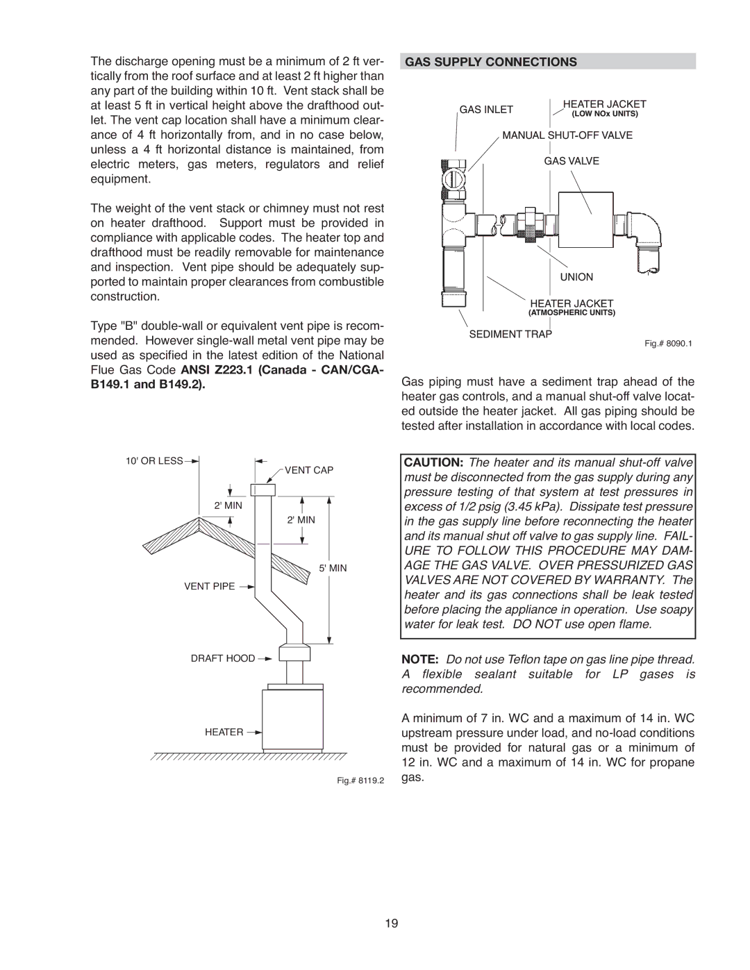 Raypak 337A, 406A, 206A, 407A, 336A, 207A, 267A, 266A operating instructions B149.1 and B149.2, GAS Supply Connections 