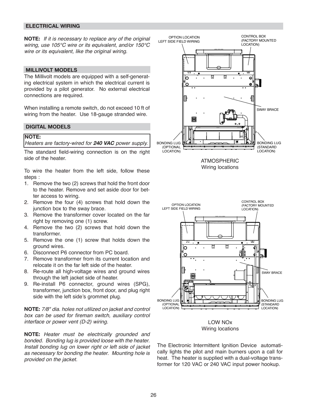 Raypak 407A, 406A, 206A, 337A, 336A, 207A, 267A, 266A Electrical Wiring, Millivolt Models, Digital Models, Atmospheric 