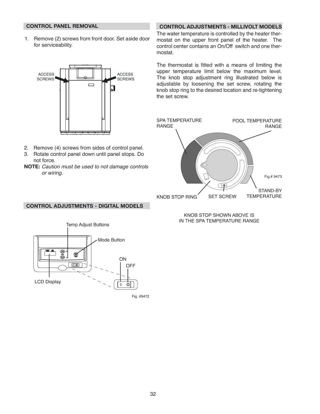 Raypak 406A, 206A, 407A Control Panel Removal, Control Adjustments Digital Models, Control Adjustments Millivolt Models 