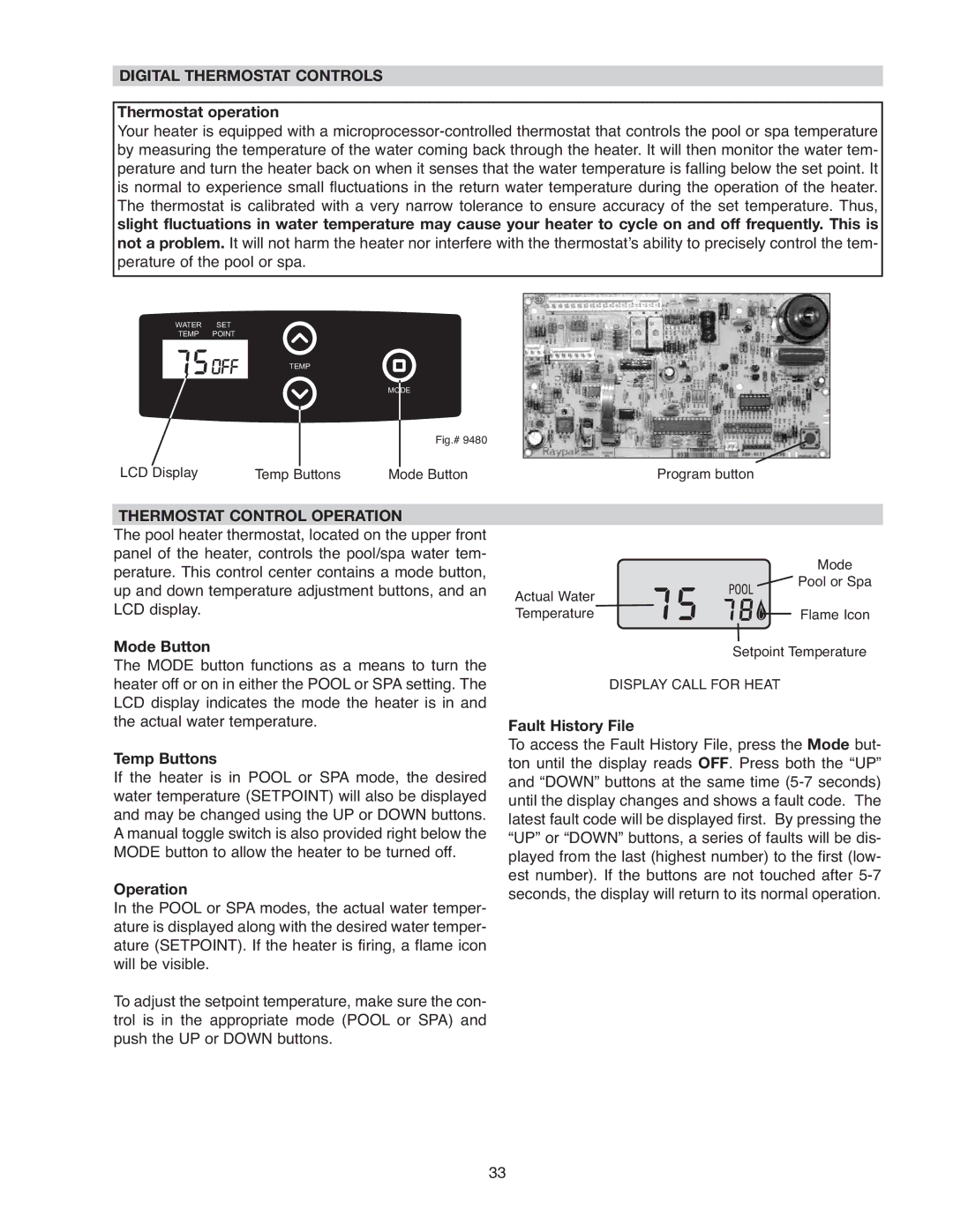 Raypak 206A, 406A, 407A, 337A, 336A, 207A, 267A, 266A Digital Thermostat Controls, Thermostat Control Operation 