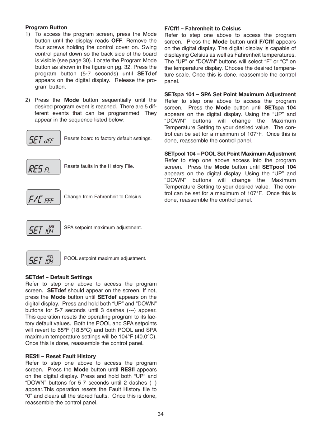 Raypak 407A, 406A, 206A, 337A Program Button, SETdef Default Settings, RESfl Reset Fault History, Cfff Fahrenheit to Celsius 