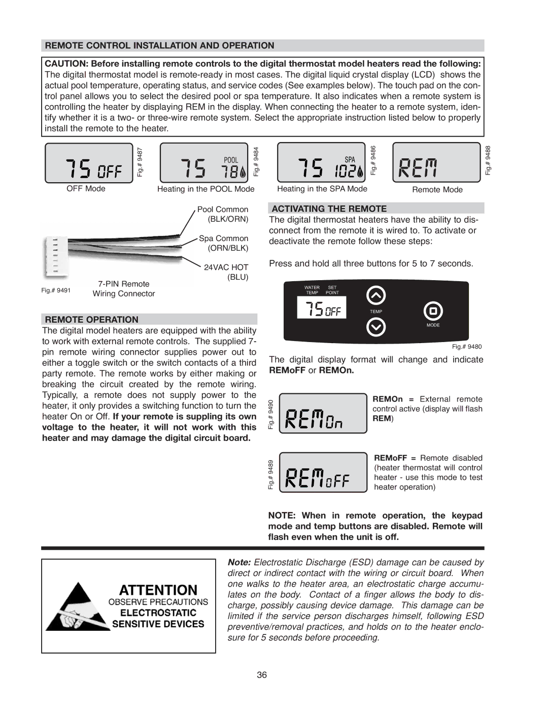 Raypak 336A, 406A, 206A, 407A, 337A, 207A Remote Control Installation and Operation, Remote Operation, Activating the Remote 