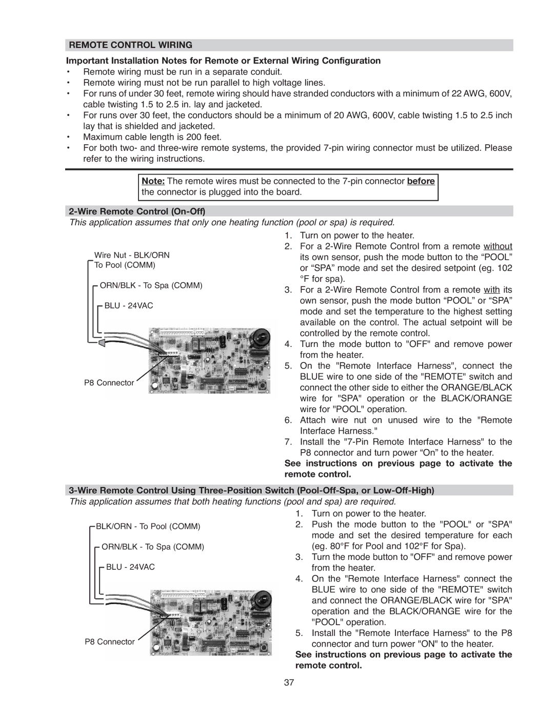 Raypak 207A, 406A, 206A, 407A, 337A, 336A, 267A, 266A operating instructions Remote Control Wiring, Wire Remote Control On-Off 