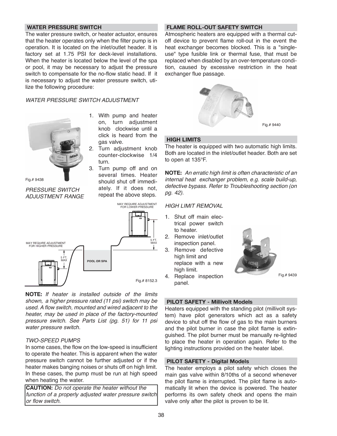 Raypak 267A, 406A Flame ROLL-OUT Safety Switch, High Limits, Pilot Safety Millivolt Models, Pilot Safety Digital Models 