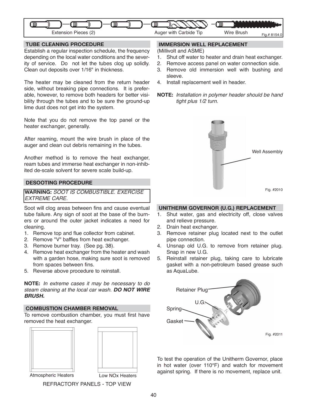 Raypak 406A, 206A Tube Cleaning Procedure, Desooting Procedure, Combustion Chamber Removal, Immersion Well Replacement 