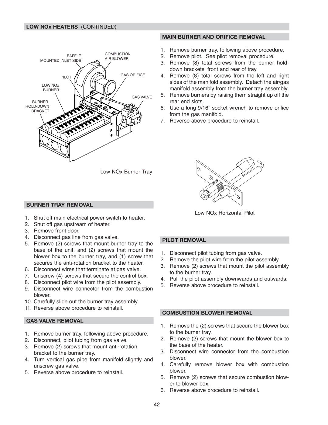 Raypak 407A, 406A, 206A, 337A, 336A, 207A, 267A, 266A operating instructions Pilot Removal, Combustion Blower Removal 