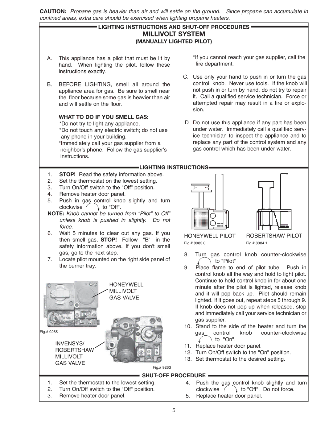 Raypak 207A, 406A, 206A, 407A, 337A, 336A, 267A, 266A operating instructions Millivolt System 