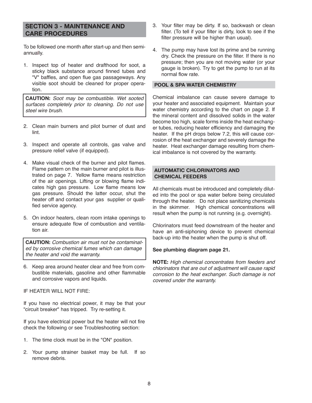 Raypak 406A Maintenance and Care Procedures, If Heater will not Fire, Pool & SPA Water Chemistry, See plumbing diagram 