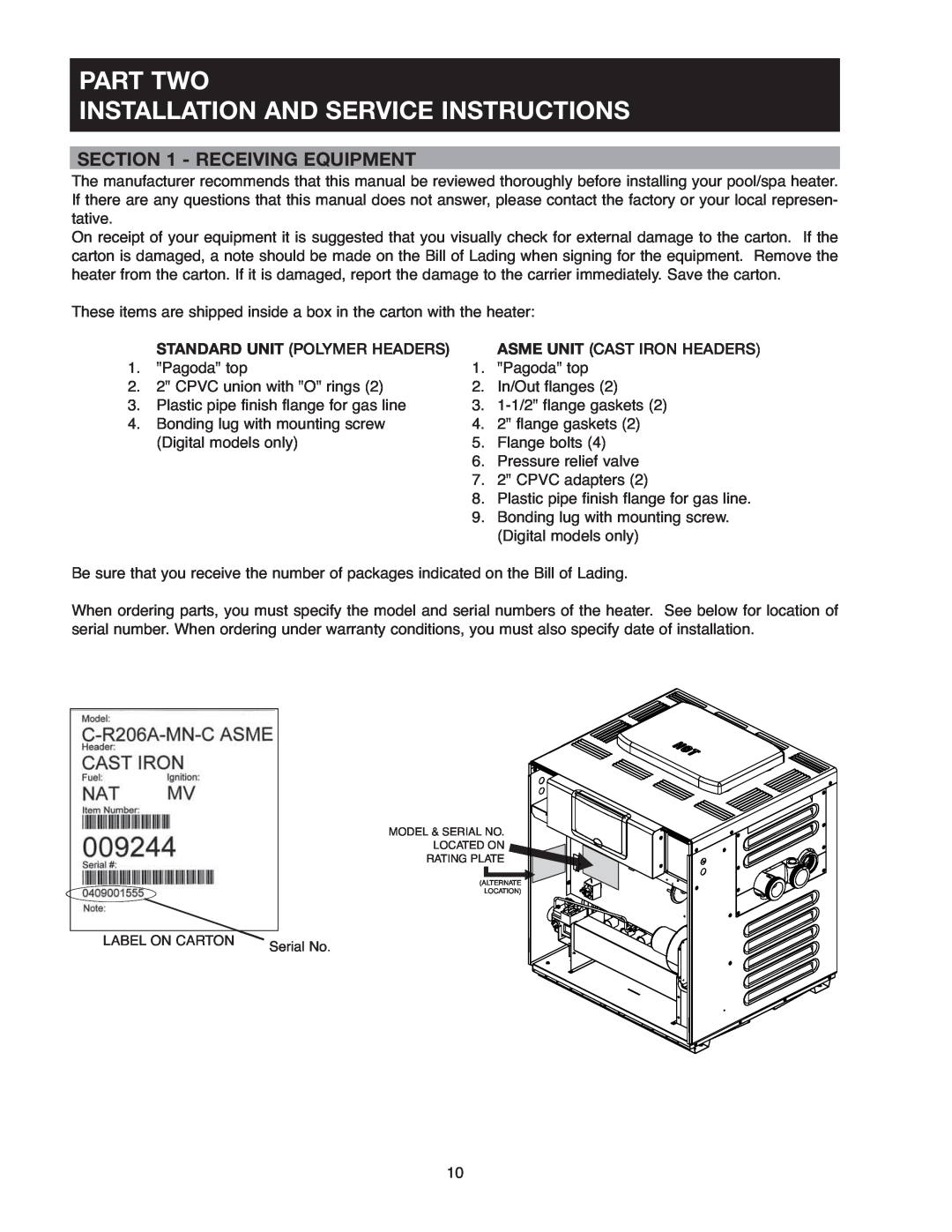 Raypak 407A, 406A, 206A Part Two Installation And Service Instructions, Receiving Equipment, Standard Unit Polymer Headers 