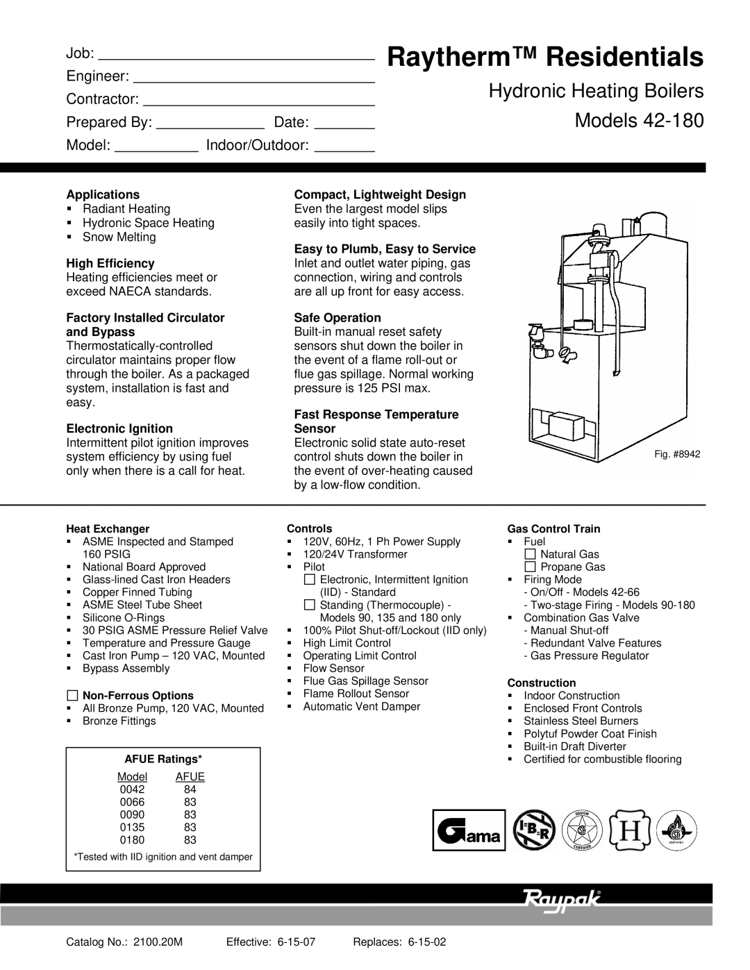 Raypak 42-180 manual Heat Exchanger Controls Gas Control Train, Construction, Non-Ferrous Options, Afue Ratings 