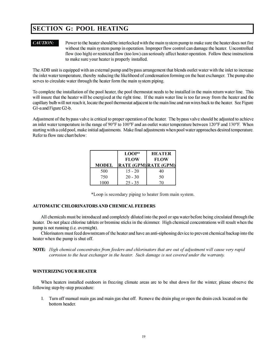 Raypak 750, 500, 1000 Section G Pool Heating, Automatic Chlorinators and Chemical Feeders, Winterizingyour Heater 