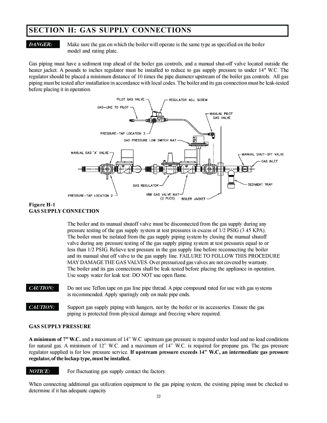 Raypak 750, 500, 1000 installation instructions Section H GAS Supply Connections, GAS Supply Pressure 